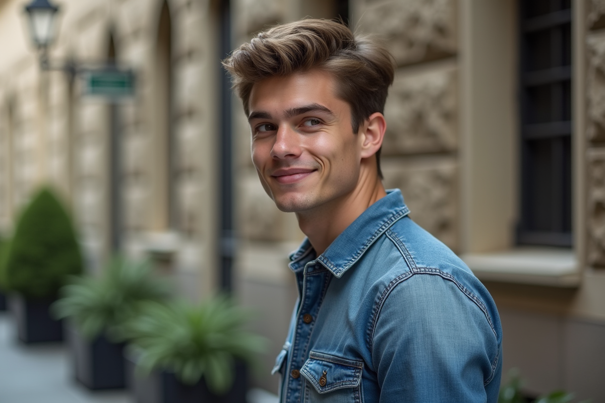 Jeune homme en denim dans la rue urbaine