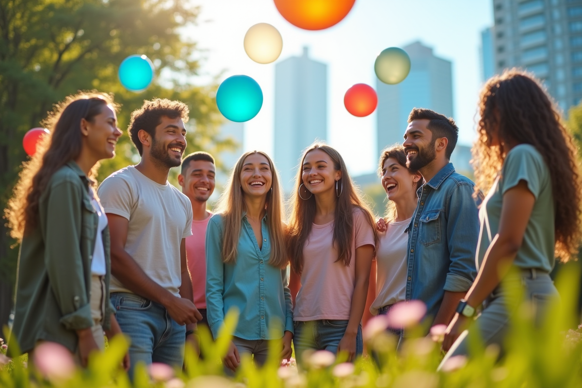 Groupe de jeunes adultes jouant avec des ballons en parc urbain