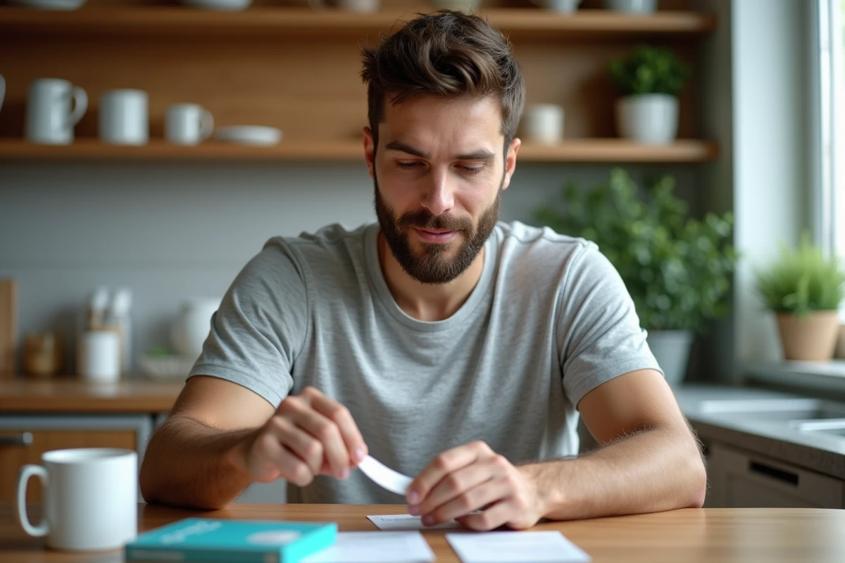 Homme comparant un kit de blanchiment dentaire acheté en pharmacie à la maison