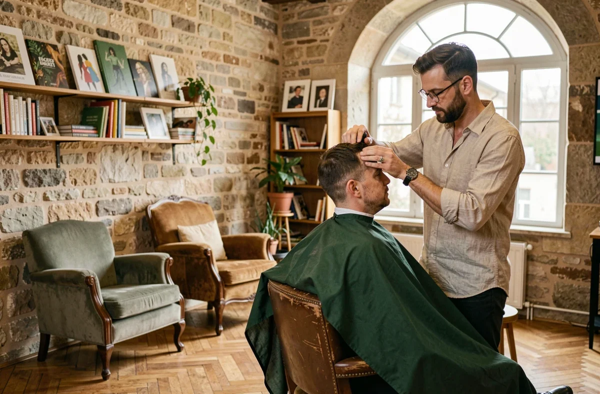 Coiffeur au style décontracté coupant les cheveux d'un client dans l'ambiance appartement vintage du salon L'Appartement à Poitiers