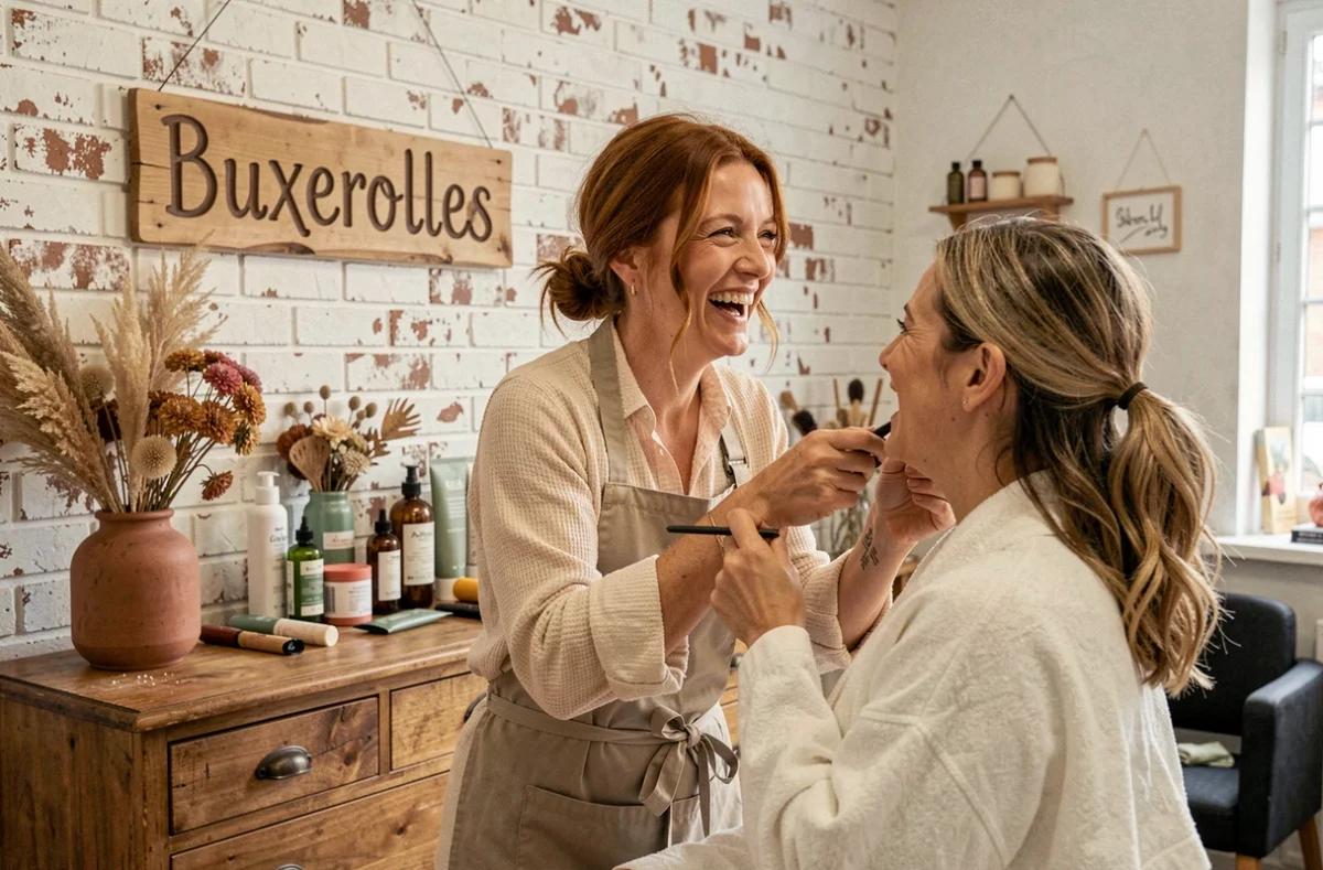 La coiffeuse Emilie riant avec une cliente lors d'une séance de coiffure dans l'ambiance artisanale chaleureuse de L'Atelier d'Emilie à Buxerolles