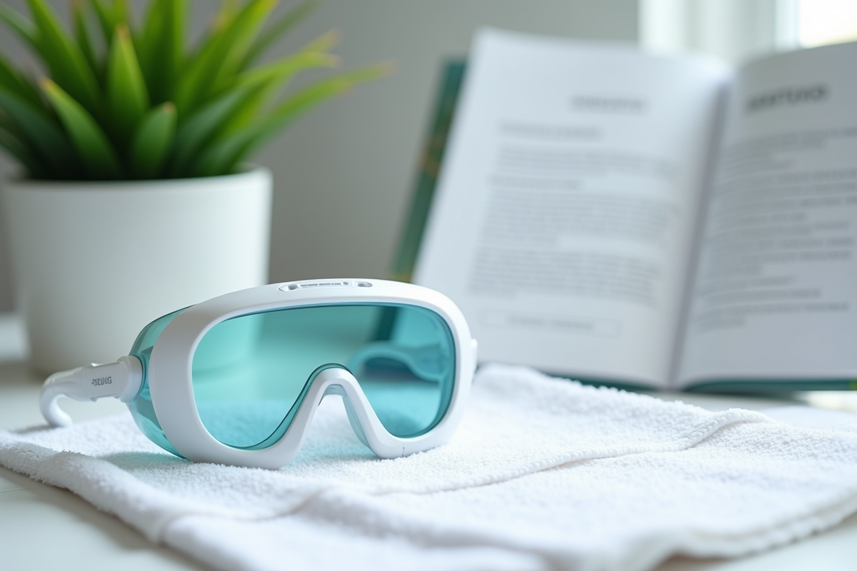 Lunettes de protection et appareil IPL sur une serviette avec manuel et plante verte