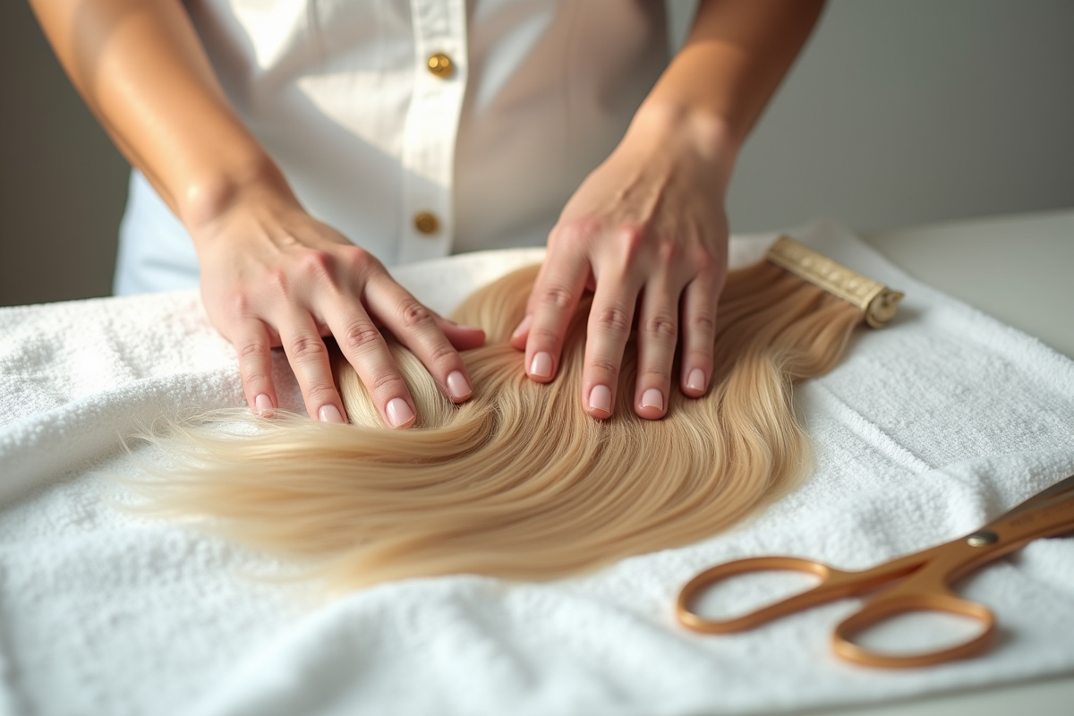 Mains organisant des extensions capillaires sur une serviette blanche
