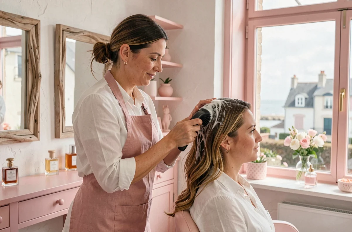 Coiffeuse appliquant un soin capillaire à une cliente dans le salon Maison Rose Donald à Trouville-sur-Mer