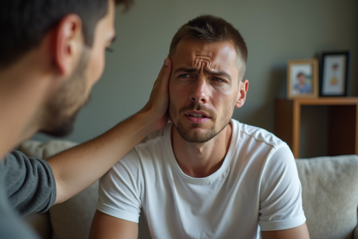 Jeune homme recevant un massage léger des tempes par sa partenaire à la maison