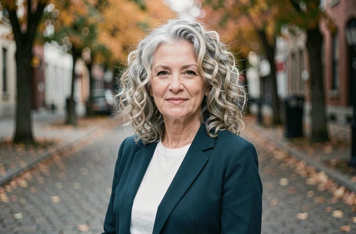 Femme senior avec des mèches blond cendré sur cheveux gris-blanc bouclés encadrant le visage pour affiner le volume