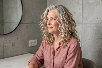 Femme aux cheveux gris-blanc bouclés avec des mèches caramel qui subliment le volume naturel des boucles