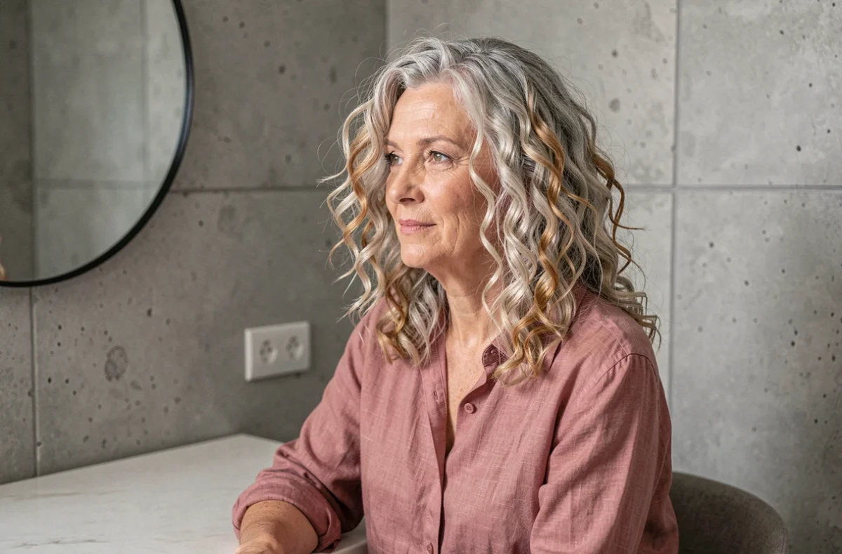 Femme aux cheveux gris-blanc bouclés avec des mèches caramel qui subliment le volume naturel des boucles