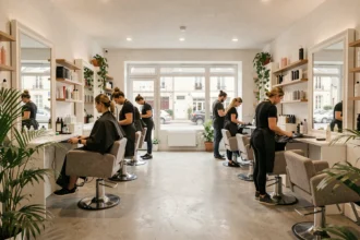 Intérieur d'un salon de coiffure moderne dans le Calvados avec plusieurs coiffeurs au travail
