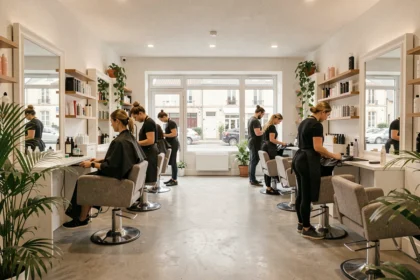 Intérieur d'un salon de coiffure moderne dans le Calvados avec plusieurs coiffeurs au travail