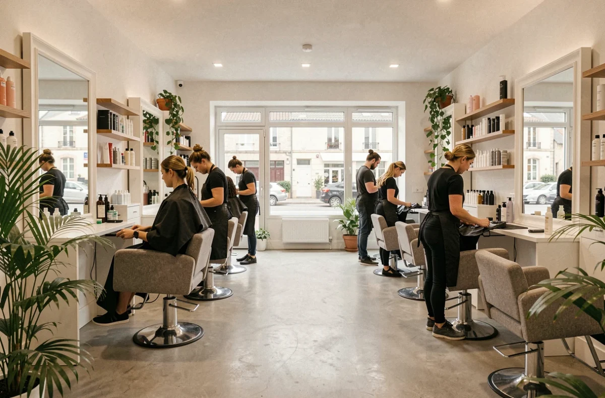 Intérieur d'un salon de coiffure moderne dans le Calvados avec plusieurs coiffeurs au travail