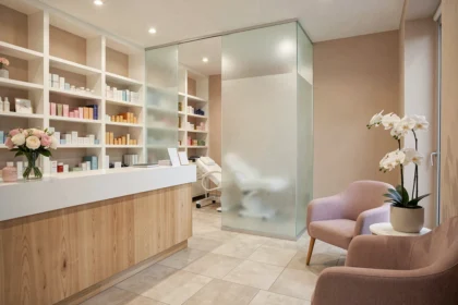 Intérieur élégant d'un institut de beauté en Centre-Val de Loire avec accueil fleuri et produits cosmétiques