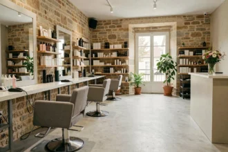 Vue intérieure d'un salon de coiffure moderne en Centre-Val de Loire avec stations de coiffage et miroirs