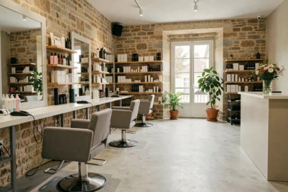 Vue intérieure d'un salon de coiffure moderne en Centre-Val de Loire avec stations de coiffage et miroirs