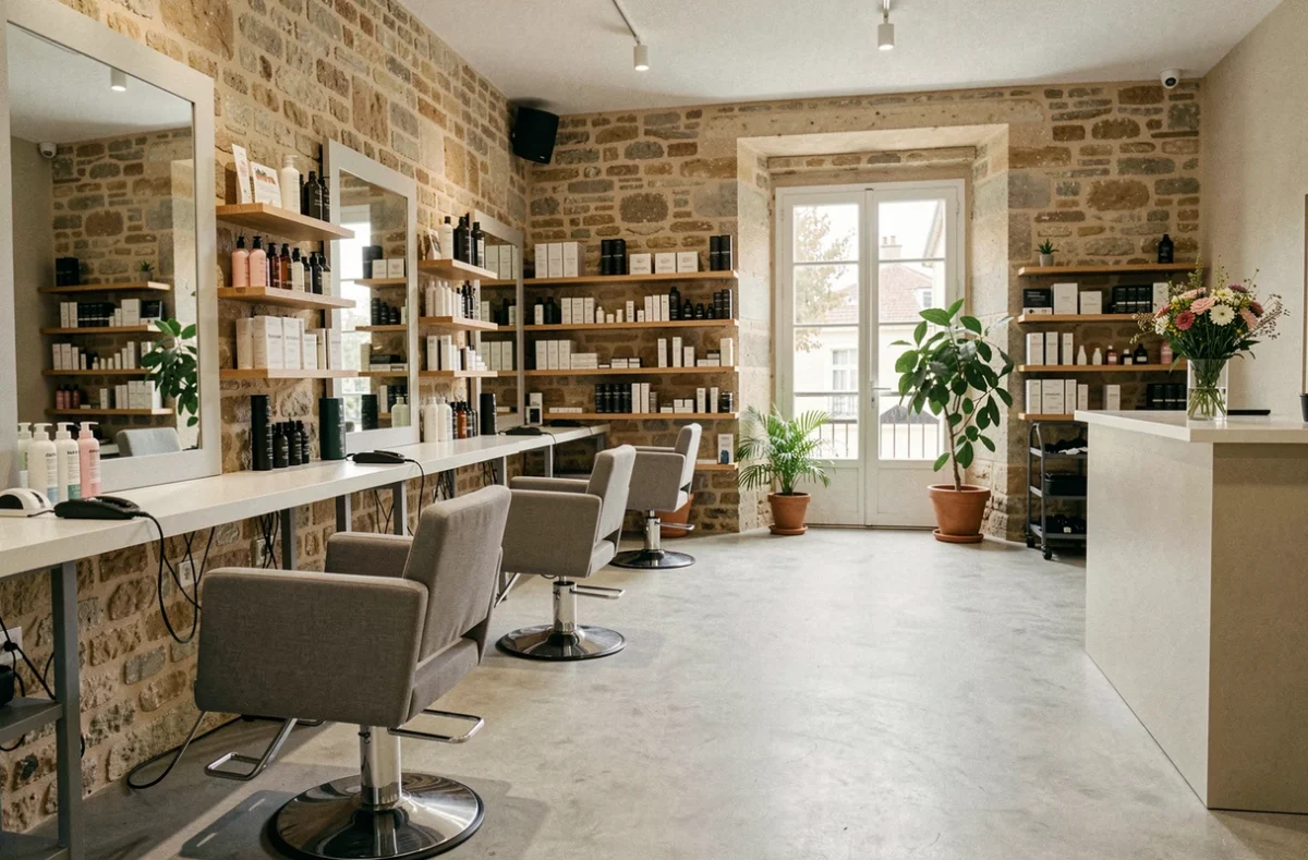 Vue intérieure d'un salon de coiffure moderne en Centre-Val de Loire avec stations de coiffage et miroirs