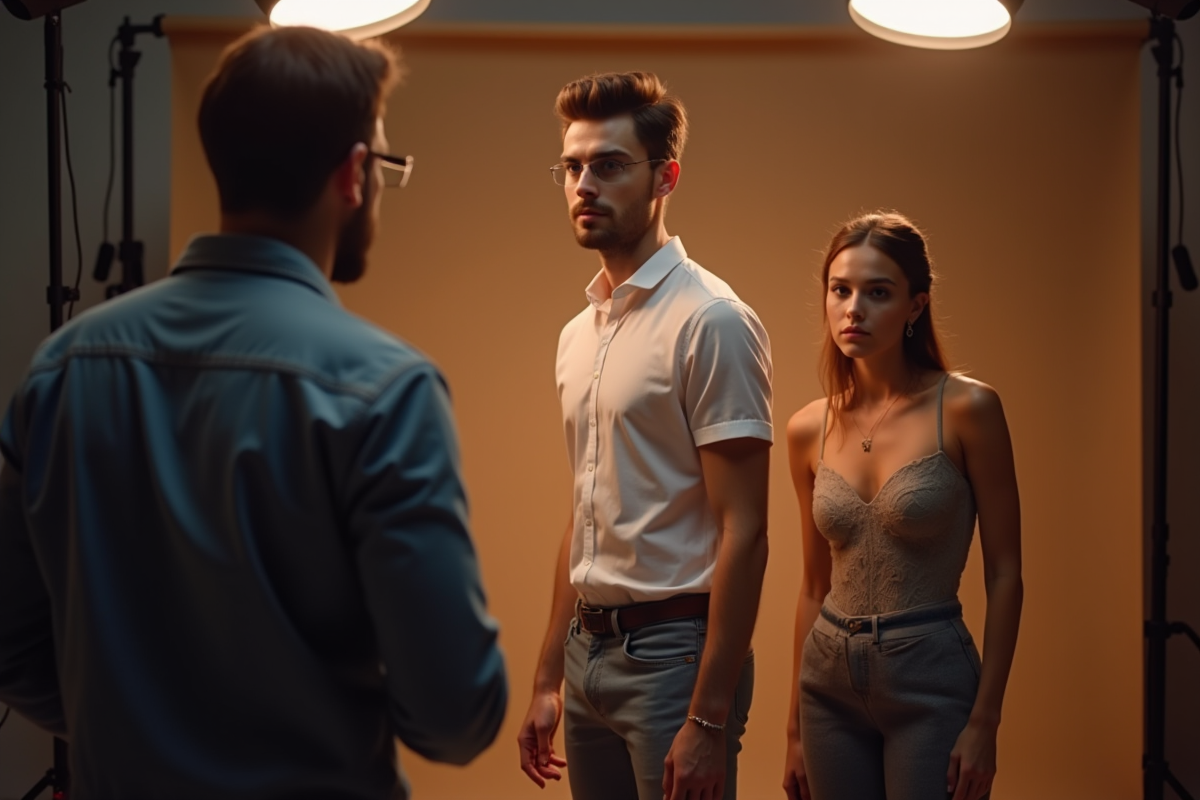 Jeune homme et femme posant en studio avec coach mode