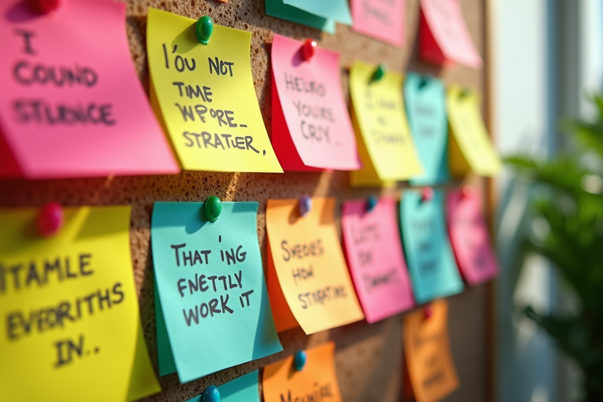Notes autocollantes colorées avec citations inspirantes sur un tableau
