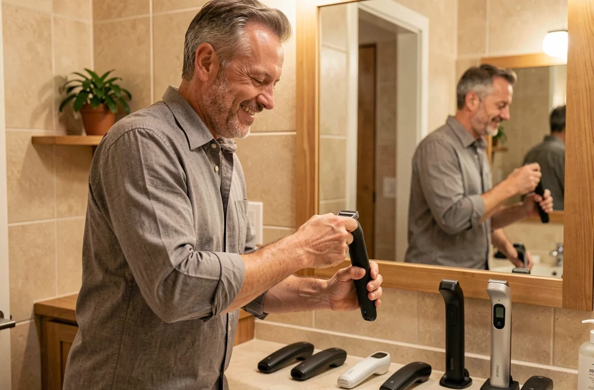 Homme assemblant une tête OneBlade 360 sur un manche Philips devant un miroir de salle de bain avec différents modèles posés sur le meuble