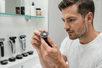 Homme tenant une tête de rasoir OneBlade 360 en comparaison avec plusieurs manches Philips dans une salle de bain moderne