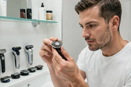 Homme tenant une tête de rasoir OneBlade 360 en comparaison avec plusieurs manches Philips dans une salle de bain moderne