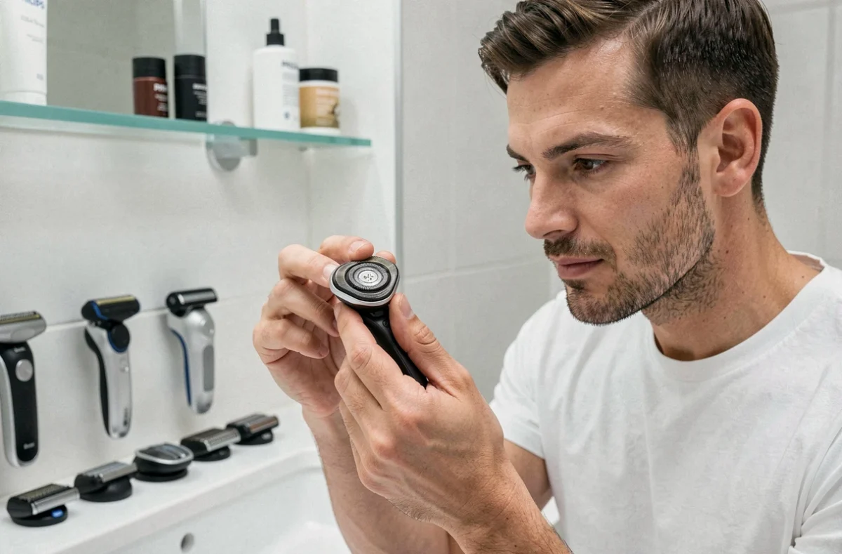 Homme tenant une tête de rasoir OneBlade 360 en comparaison avec plusieurs manches Philips dans une salle de bain moderne