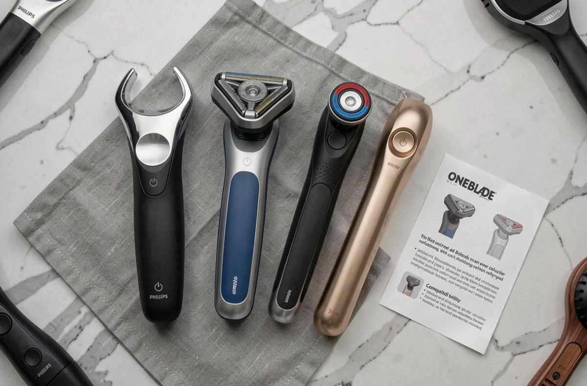 Vue à plat d'une tête OneBlade 360 démontée avec plusieurs manches Philips compatibles sur marbre gris