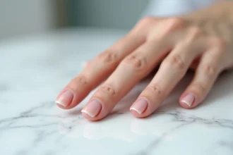 Gros plan d'un ongle fendu verticalement sur une main féminine posée sur un comptoir en marbre blanc, texture de peau naturelle visible