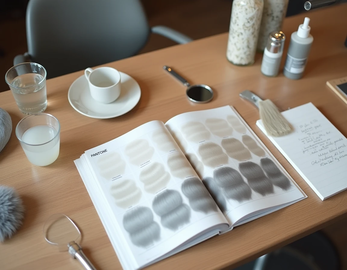 Vue a&eacute;rienne d'outils de colorim&eacute;trie capillaire incluant des nuanciers de teintes froides et un guide couleur ouvert sur une table en bois