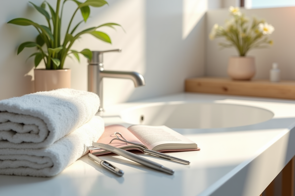 Outils dermatologiques sur serviette blanche dans la salle de bain