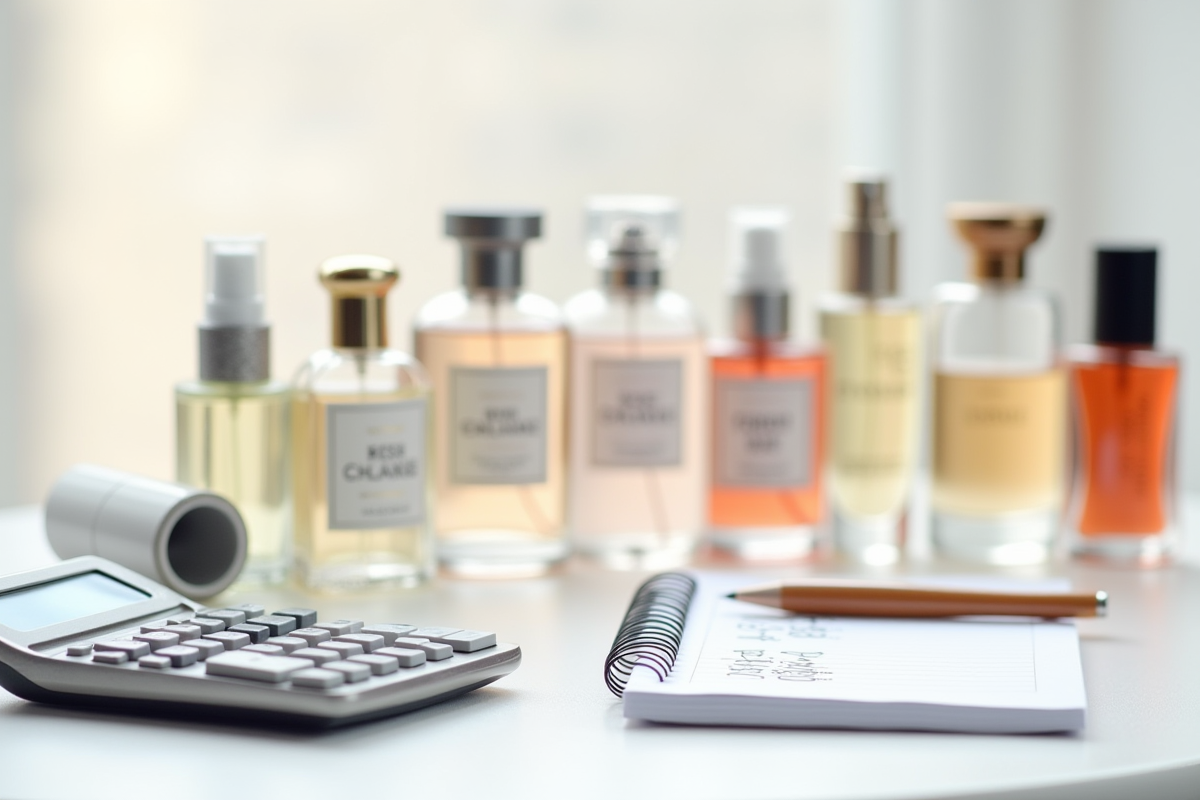 Ligne de parfums avec calculatrice et carnet pour analyse des prix