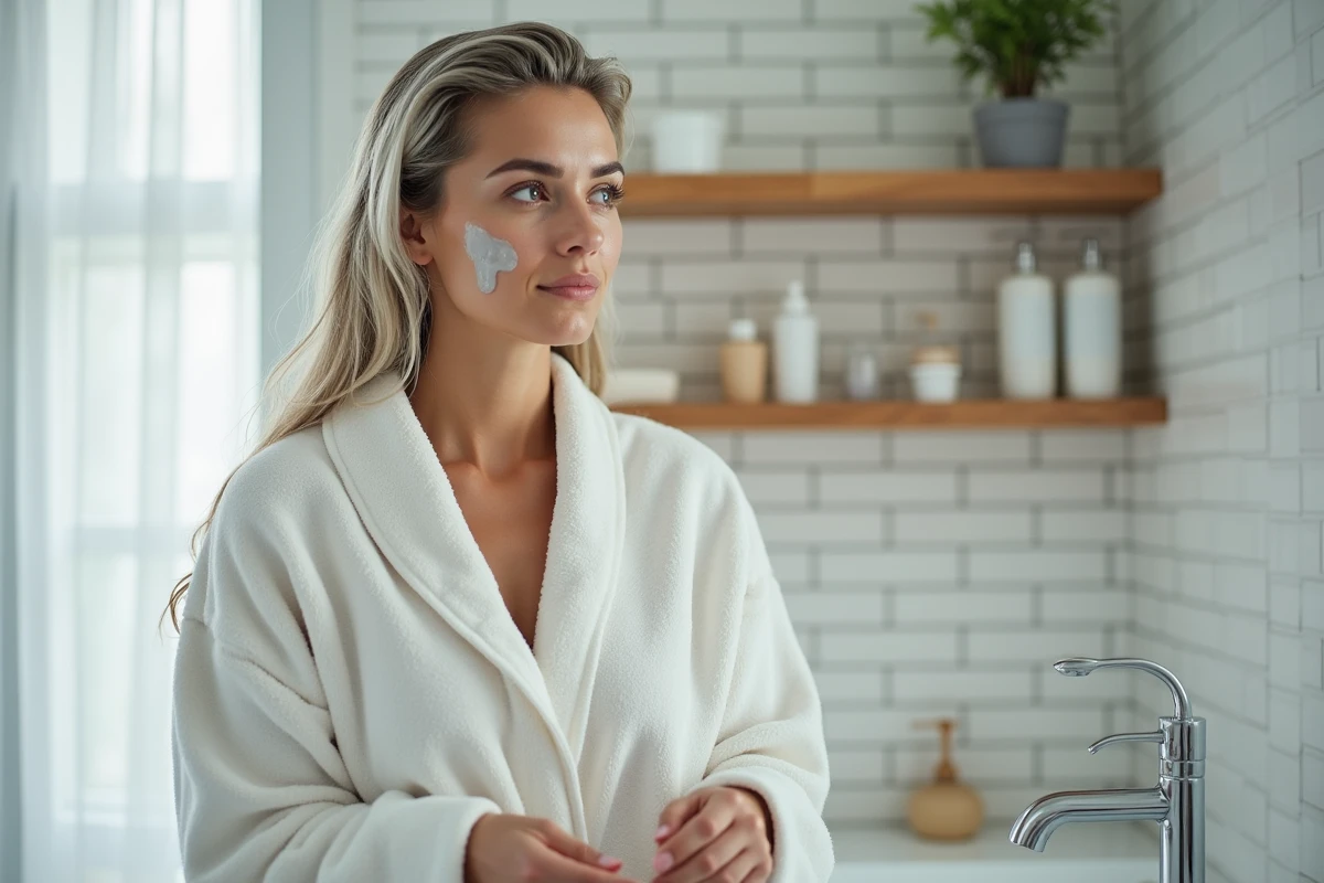 Femme rinçant une patine maison pour cheveux blonds dans une salle de bain moderne, soin capillaire à domicile