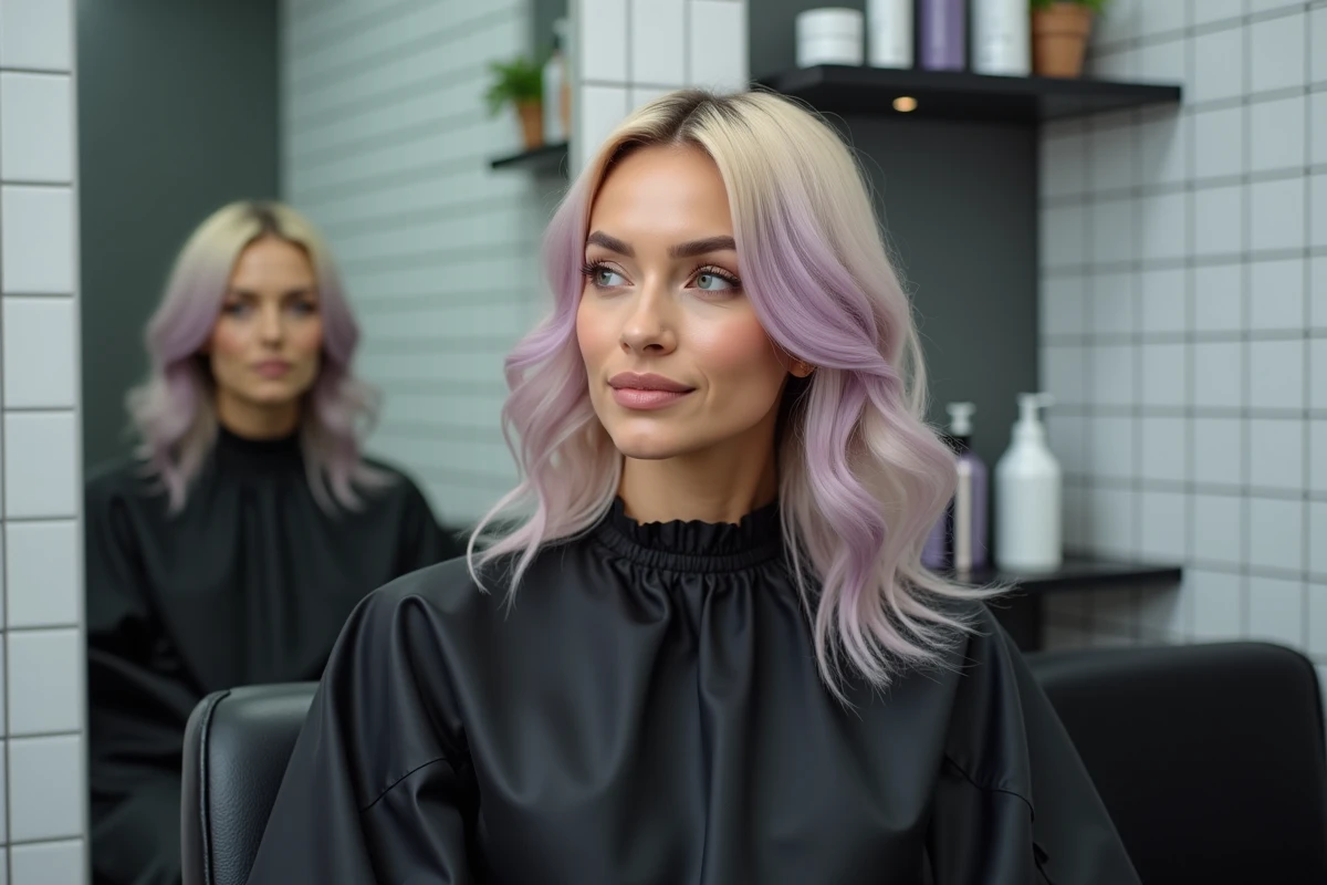 Femme en salon de coiffure avec une patine cheveux blonds fraîchement appliquée, assise dans un fauteuil professionnel face au miroir