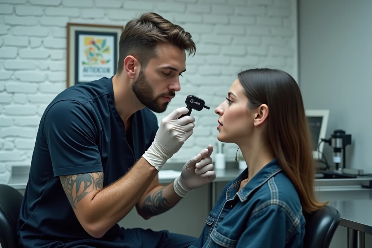Perceur professionnel inspectant un piercing au nez dans un studio de piercing propre, montrant l'importance d'un suivi professionnel