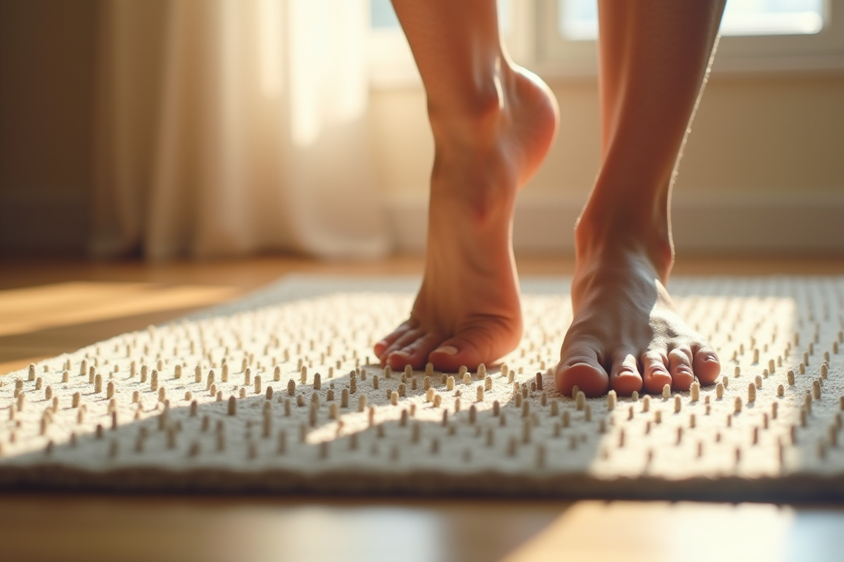 Pied posant doucement sur un tapis d