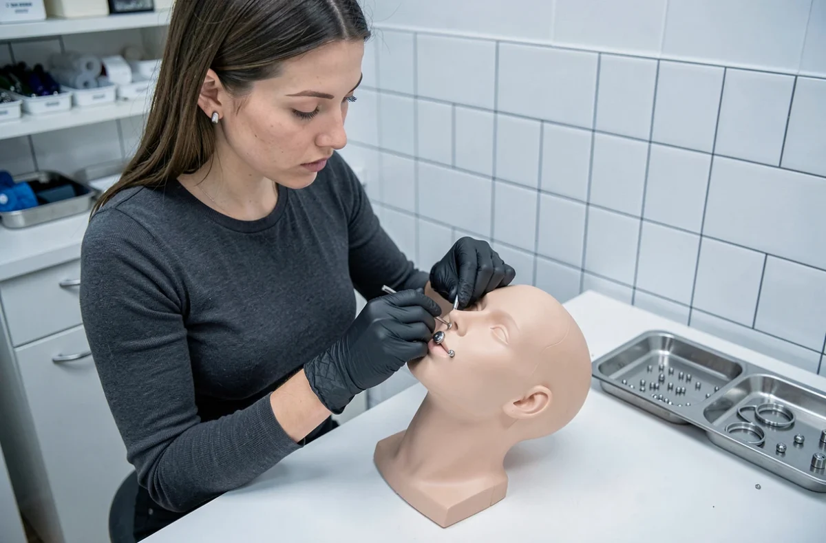 Perceur professionnel présentant la pose de piercings labret et Medusa sur une tête de mannequin dans un studio de piercing moderne