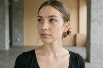 Jeune femme portant un piercing Monroe et un piercing Medusa, vue de près en portrait trois quarts dans un studio urbain minimaliste