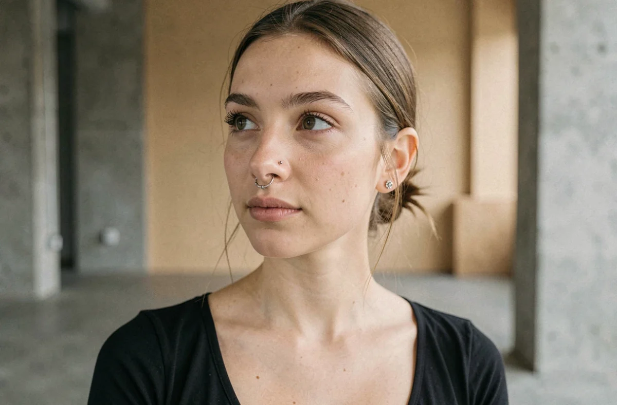 Jeune femme portant un piercing Monroe et un piercing Medusa, vue de près en portrait trois quarts dans un studio urbain minimaliste