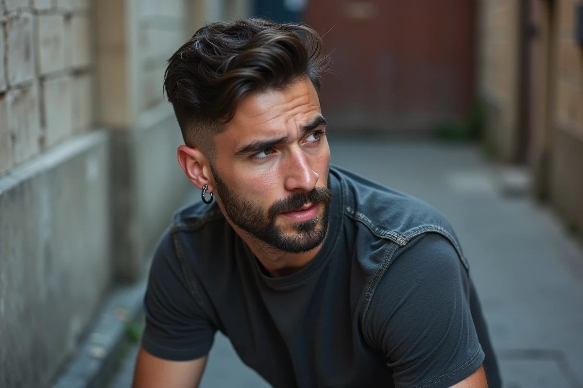 Homme avec un piercing tragus et un anneau conch à l'oreille gauche, style urbain en extérieur
