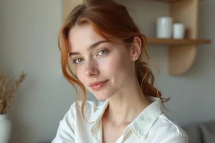Jeune femme avec plusieurs piercings à l'oreille dont un lobe, un hélix et un rook, style minimaliste en intérieur nordique