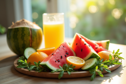 Plateau de fruits frais avec pastèque et oranges