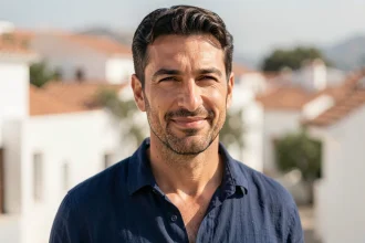 Portrait en gros plan d'un homme méditerranéen avec un nez grec prononcé et aquilin, dans un village côtier grec