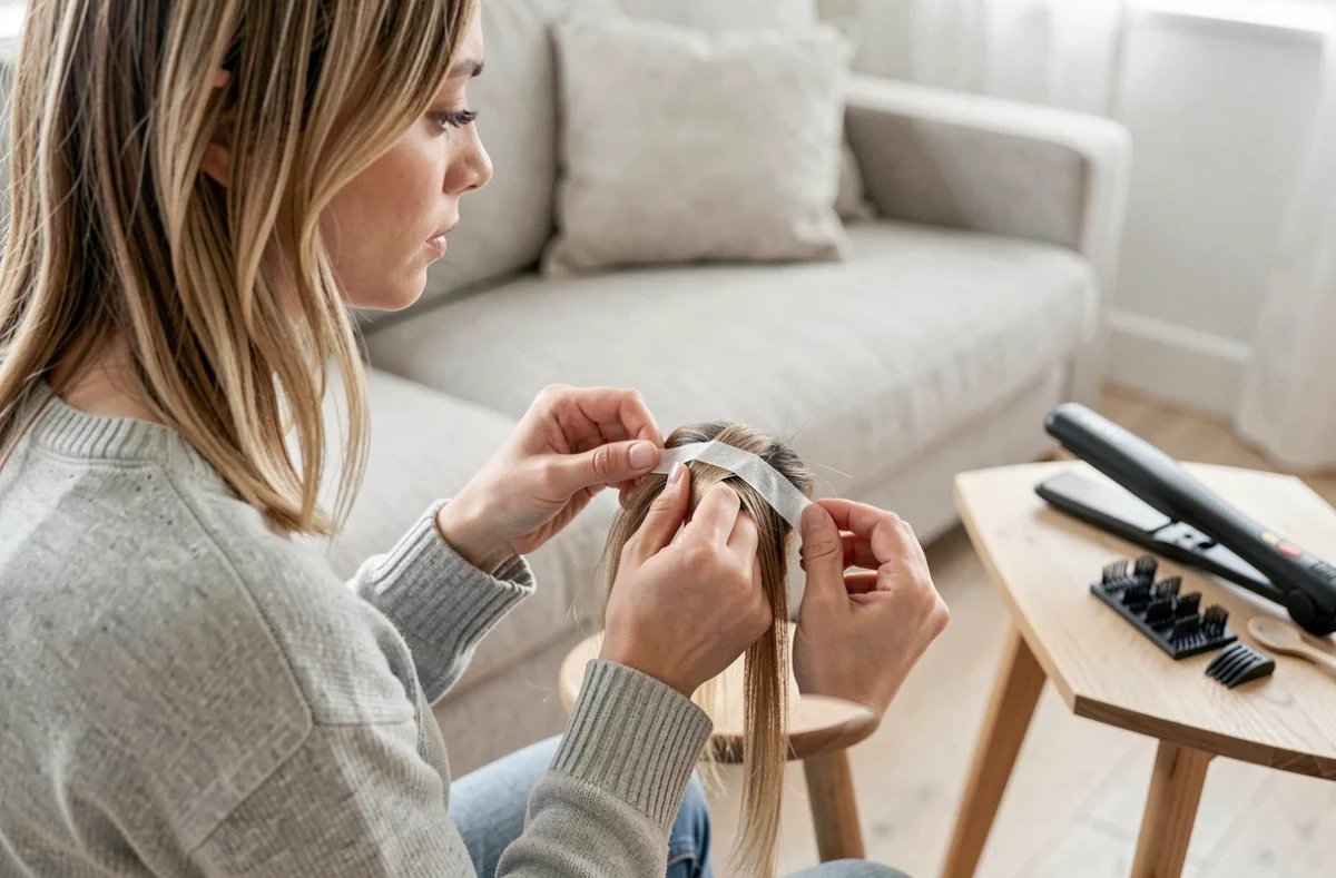 Jeune femme blonde posant des mèches tape in en sandwich sur ses cheveux dans son salon