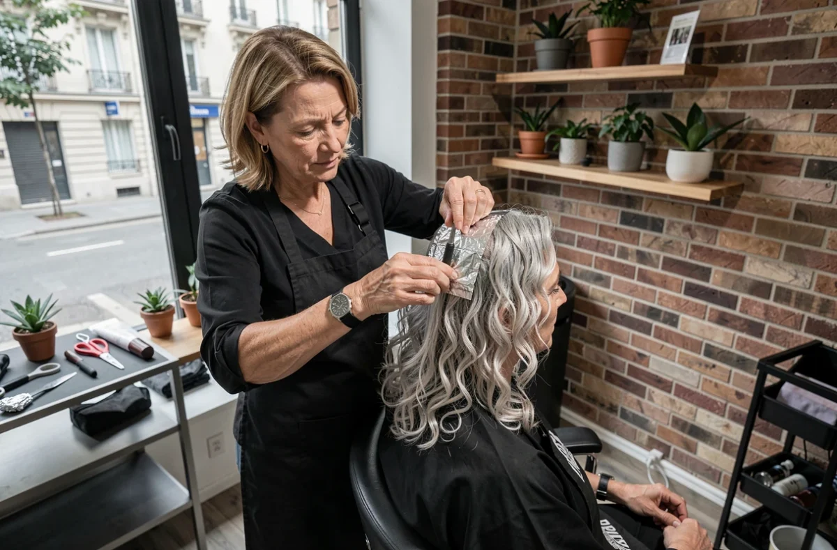 Coiffeuse posant des mèches sur des cheveux gris-blanc bouclés d'une cliente dans un salon de coiffure parisien