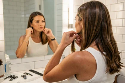 Femme appliquant des extensions tape in sur ses cheveux naturels devant un miroir de salle de bain à domicile