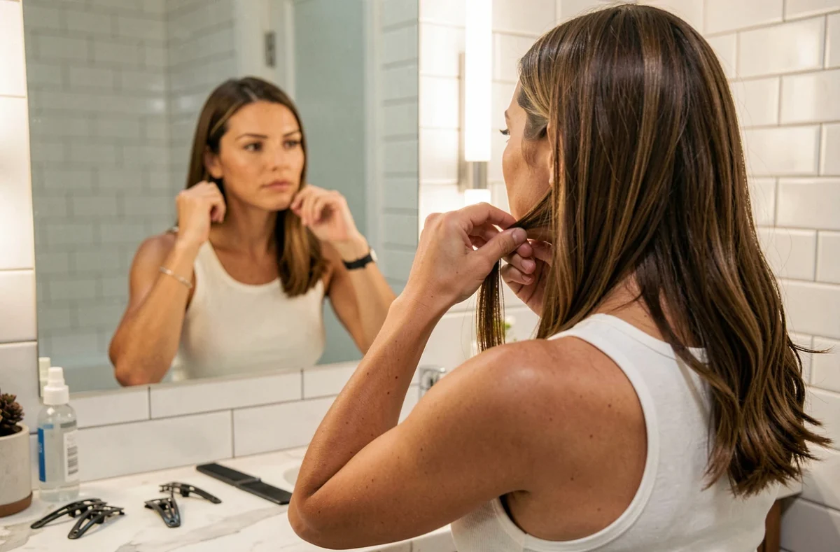 Femme appliquant des extensions tape in sur ses cheveux naturels devant un miroir de salle de bain à domicile