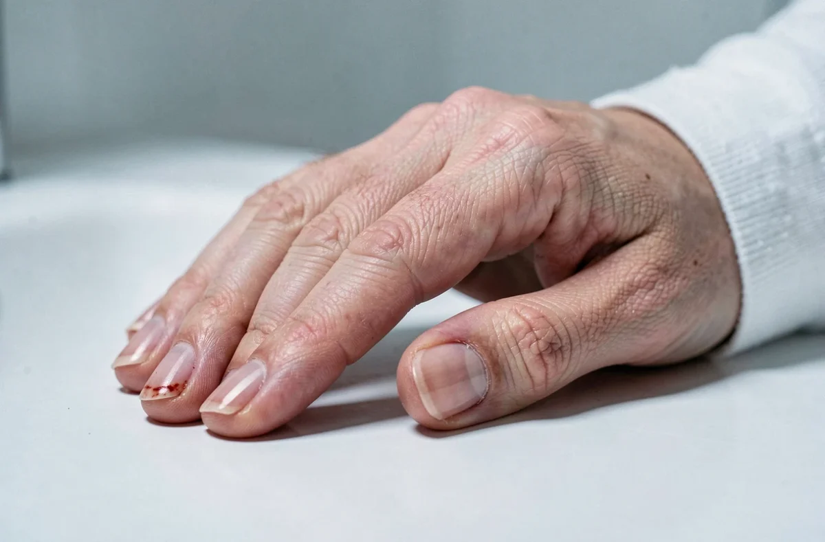 Gros plan sur un ongle de doigt présentant les premiers signes d'infiltration avec rougeur et gonflement autour de la cuticule
