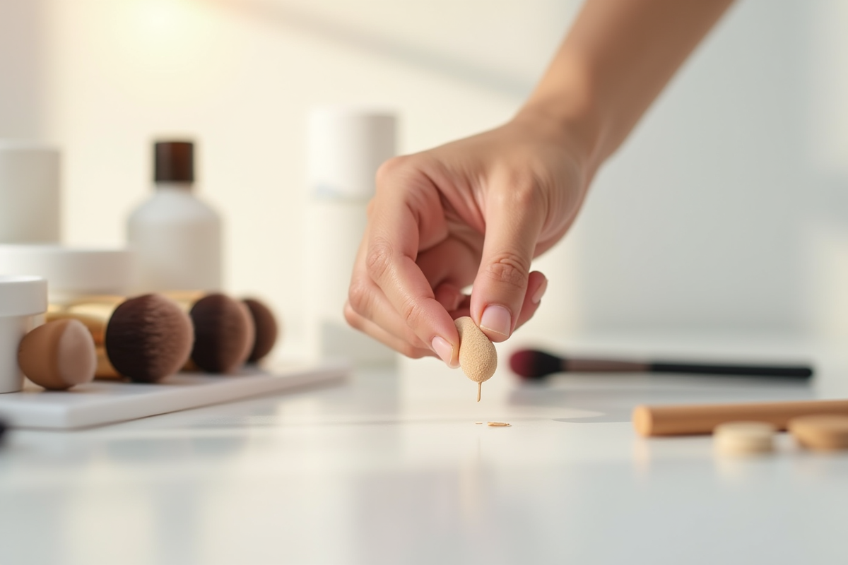 Geste de prélever du fond de teint avec une éponge dans un décor minimaliste