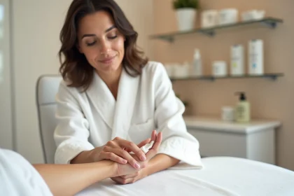 Femme pr&eacute;parant sa peau avant une s&eacute;ance d'&eacute;lectrolyse dans une clinique esth&eacute;tique moderne &agrave; Montpellier
