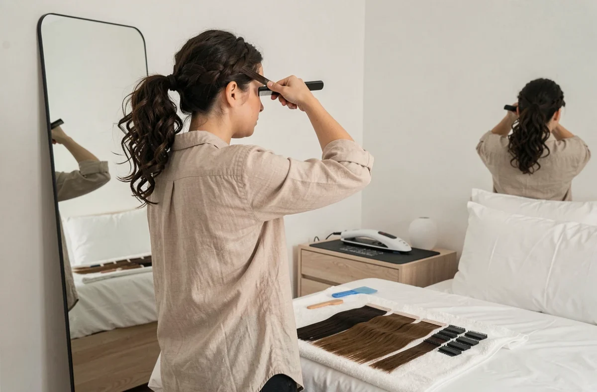 Femme aux cheveux bouclés préparant la pose de ses extensions tape in dans une chambre minimaliste avec ses accessoires