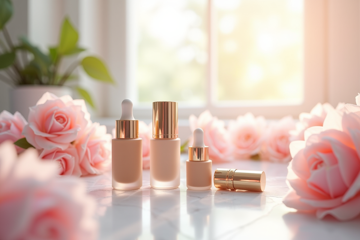 Assortiment de produits anti-âge sur une coiffeuse avec fleurs roses
